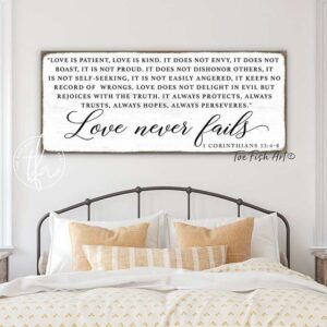 Love Never Fails Sign handmade by ToeFishArt. Original, custom, personalized wall decor signs. Canvas, Wood or Metal. Rustic modern farmhouse, cottagecore, vintage, retro, industrial, Americana, primitive, country, coastal, minimalist.