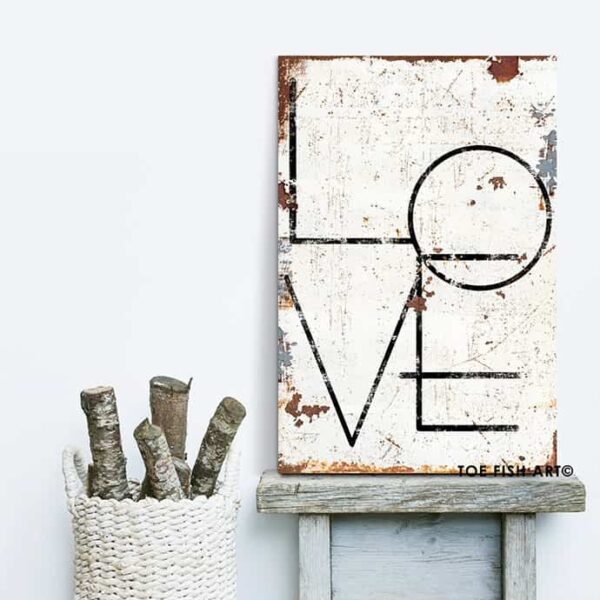 Love Sign handmade by ToeFishArt. Original, custom, personalized wall decor signs. Canvas, Wood or Metal. Rustic modern farmhouse, cottagecore, vintage, retro, industrial, Americana, primitive, country, coastal, minimalist.