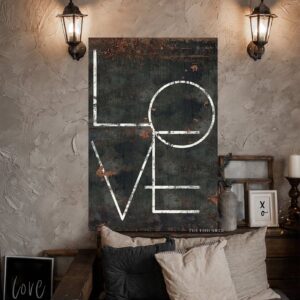 Love Sign handmade by ToeFishArt. Original, custom, personalized wall decor signs. Canvas, Wood or Metal. Rustic modern farmhouse, cottagecore, vintage, retro, industrial, Americana, primitive, country, coastal, minimalist.