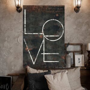 Love Sign handmade by ToeFishArt. Original, custom, personalized wall decor signs. Canvas, Wood or Metal. Rustic modern farmhouse, cottagecore, vintage, retro, industrial, Americana, primitive, country, coastal, minimalist.