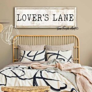 Lover's Lane Sign handmade by ToeFishArt. Original, custom, personalized wall decor signs. Canvas, Wood or Metal. Rustic modern farmhouse, cottagecore, vintage, retro, industrial, Americana, primitive, country, coastal, minimalist.