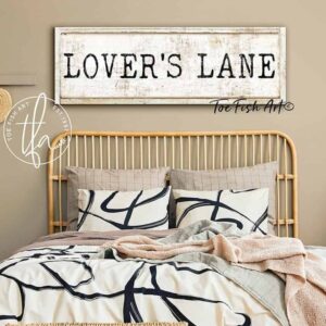 Lover's Lane Sign handmade by ToeFishArt. Original, custom, personalized wall decor signs. Canvas, Wood or Metal. Rustic modern farmhouse, cottagecore, vintage, retro, industrial, Americana, primitive, country, coastal, minimalist.