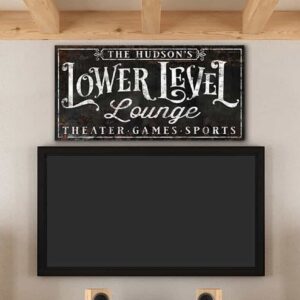 Lower Level Lounge Sign handmade by ToeFishArt. Original, custom, personalized wall decor signs. Canvas, Wood or Metal. Rustic modern farmhouse, cottagecore, vintage, retro, industrial, Americana, primitive, country, coastal, minimalist.