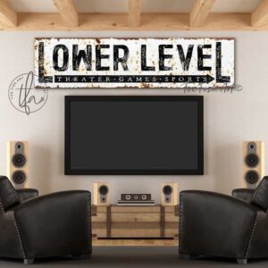 Lower Level Sign handmade by ToeFishArt. Original, custom, personalized wall decor signs. Canvas, Wood or Metal. Rustic modern farmhouse, cottagecore, vintage, retro, industrial, Americana, primitive, country, coastal, minimalist.