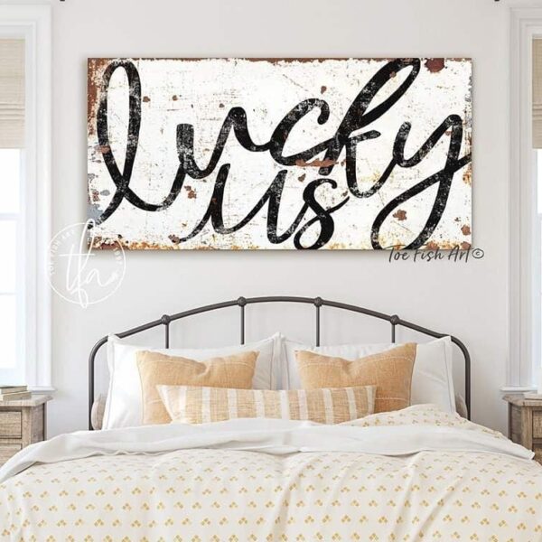 Lucky Us Sign handmade by ToeFishArt. Original, custom, personalized wall decor signs. Canvas, Wood or Metal. Rustic modern farmhouse, cottagecore, vintage, retro, industrial, Americana, primitive, country, coastal, minimalist.