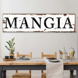 Mangia Sign Italian Eat Up Sign handmade by ToeFishArt. Original, custom, personalized wall decor signs. Canvas, Wood or Metal. Rustic modern farmhouse, cottagecore, vintage, retro, industrial, Americana, primitive, country, coastal, minimalist.
