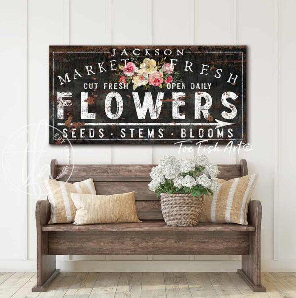 Market Fresh Flowers Personalize-able Canvas or Outdoor Exterior Commercial-Grade Metal Sign handmade in the USA and built to last a lifetime by ToeFishArt. Add your family name to this beautiful vibrant colorful roses bouquet artwork for unique eye-catching curb appeal. Original, custom, personalized wall decor signs. Canvas, Wood or Metal. Rustic modern farmhouse, cottagecore, vintage, retro, industrial, Americana, primitive, country, coastal, minimalist.