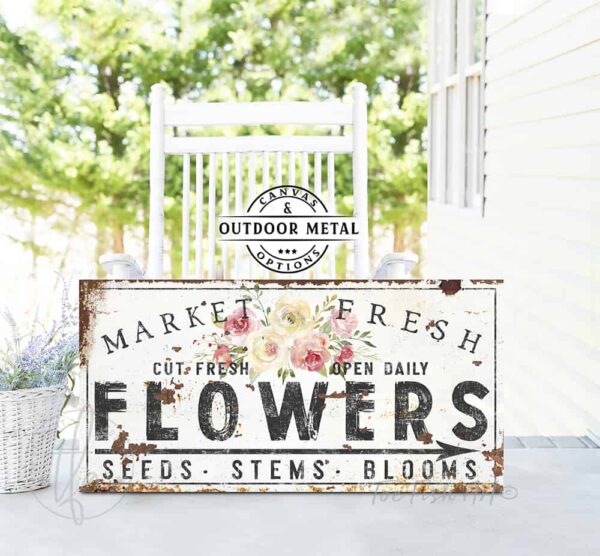 Market Fresh Flowers Personalize-able Canvas or Outdoor Exterior Commercial-Grade Metal Sign handmade in the USA and built to last a lifetime by ToeFishArt. Add your family name to this beautiful vibrant colorful roses bouquet artwork for unique eye-catching curb appeal. Original, custom, personalized wall decor signs. Canvas, Wood or Metal. Rustic modern farmhouse, cottagecore, vintage, retro, industrial, Americana, primitive, country, coastal, minimalist.