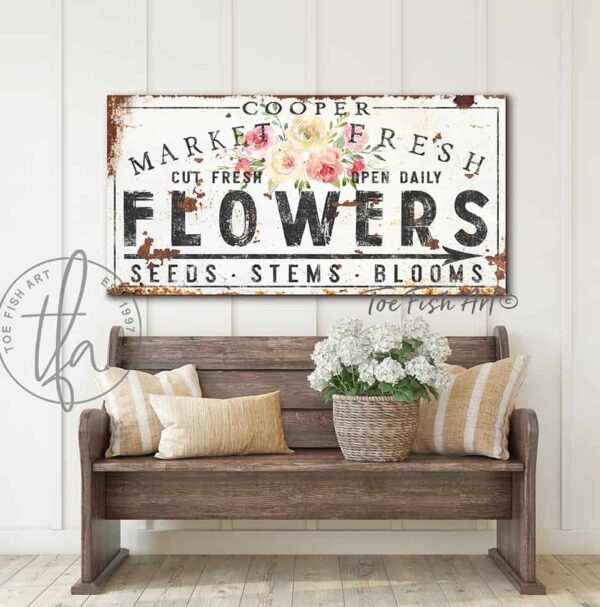Market Fresh Flowers Personalize-able Canvas or Outdoor Exterior Commercial-Grade Metal Sign handmade in the USA and built to last a lifetime by ToeFishArt. Add your family name to this beautiful vibrant colorful roses bouquet artwork for unique eye-catching curb appeal. Original, custom, personalized wall decor signs. Canvas, Wood or Metal. Rustic modern farmhouse, cottagecore, vintage, retro, industrial, Americana, primitive, country, coastal, minimalist.