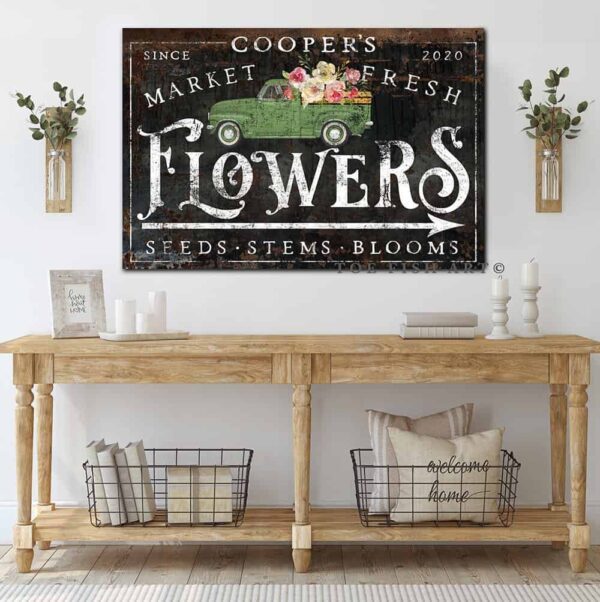 Market Fresh Flowers Sign handmade by ToeFishArt. Original, custom, personalized wall decor signs. Canvas, Wood or Metal. Rustic modern farmhouse, cottagecore, vintage, retro, industrial, Americana, primitive, country, coastal, minimalist.