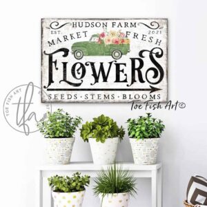 Market Fresh Flowers Sign handmade by ToeFishArt. Original, custom, personalized wall decor signs. Canvas, Wood or Metal. Rustic modern farmhouse, cottagecore, vintage, retro, industrial, Americana, primitive, country, coastal, minimalist.