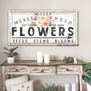 Market Fresh Flowers Sign handmade by ToeFishArt. Original, custom, personalized wall decor signs. Canvas, Wood or Metal. Rustic modern farmhouse, cottagecore, vintage, retro, industrial, Americana, primitive, country, coastal, minimalist.