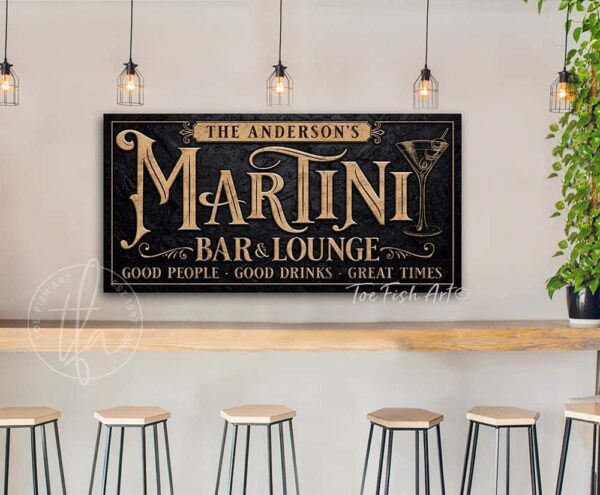 Martini Bar & Lounge Sign handmade by ToeFishArt. Original, custom, personalized wall decor signs. Canvas, Wood or Metal. Rustic modern farmhouse, cottagecore, vintage, retro, industrial, Americana, primitive, country, coastal, minimalist.