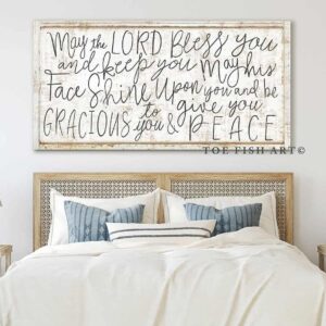 May the Lord Bless You and Keep You Sign handmade by ToeFishArt. Original, custom, personalized wall decor signs. Canvas, Wood or Metal. Rustic modern farmhouse, cottagecore, vintage, retro, industrial, Americana, primitive, country, coastal, minimalist.