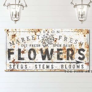 Merket Fresh Flowers Sign handmade by ToeFishArt. Original, custom, personalized wall decor signs. Canvas, Wood or Metal. Rustic modern farmhouse, cottagecore, vintage, retro, industrial, Americana, primitive, country, coastal, minimalist.