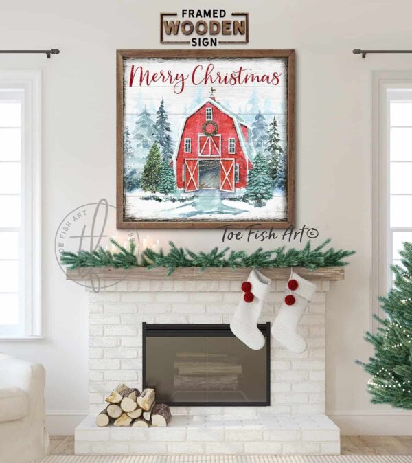 Merry Christmas Red Barn Sign handmade by ToeFishArt. Original, custom, personalized wall decor signs. Canvas, Wood or Metal. Rustic modern farmhouse, cottagecore, vintage, retro, industrial, Americana, primitive, country, coastal, minimalist.