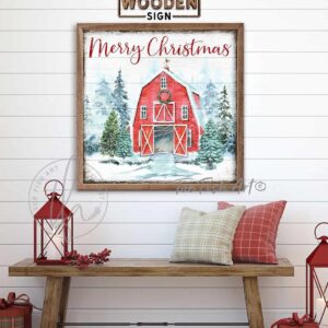 Merry Christmas Red Barn Sign handmade by ToeFishArt. Original, custom, personalized wall decor signs. Canvas, Wood or Metal. Rustic modern farmhouse, cottagecore, vintage, retro, industrial, Americana, primitive, country, coastal, minimalist.