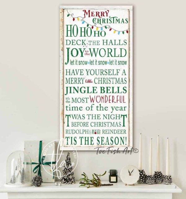 Merry Christmas Sign handmade by ToeFishArt. Original, custom, personalized wall decor signs. Canvas, Wood or Metal. Rustic modern farmhouse, cottagecore, vintage, retro, industrial, Americana, primitive, country, coastal, minimalist.