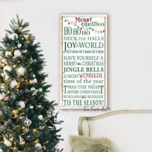 Merry Christmas Sign handmade by ToeFishArt. Original, custom, personalized wall decor signs. Canvas, Wood or Metal. Rustic modern farmhouse, cottagecore, vintage, retro, industrial, Americana, primitive, country, coastal, minimalist.