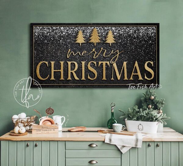 Merry Christmas Sign handmade by ToeFishArt. Original, custom, personalized wall decor signs. Canvas, Wood or Metal. Rustic modern farmhouse, cottagecore, vintage, retro, industrial, Americana, primitive, country, coastal, minimalist.