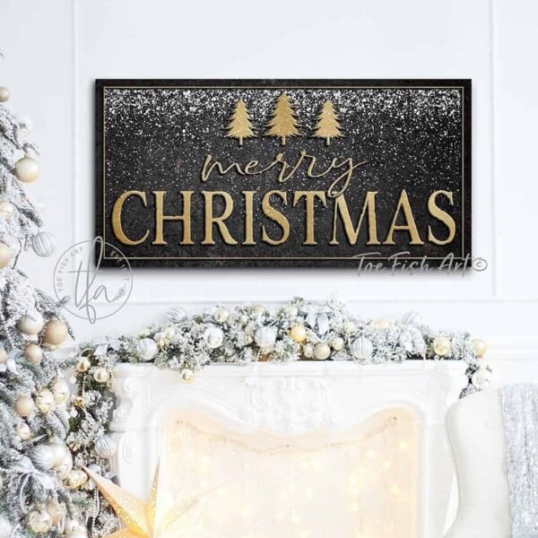 Merry Christmas Sign handmade by ToeFishArt. Original, custom, personalized wall decor signs. Canvas, Wood or Metal. Rustic modern farmhouse, cottagecore, vintage, retro, industrial, Americana, primitive, country, coastal, minimalist.