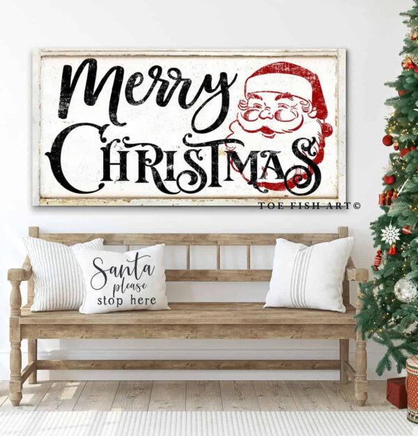 Merry Christmas Sign handmade by ToeFishArt. Original, custom, personalized wall decor signs. Canvas, Wood or Metal. Rustic modern farmhouse, cottagecore, vintage, retro, industrial, Americana, primitive, country, coastal, minimalist.