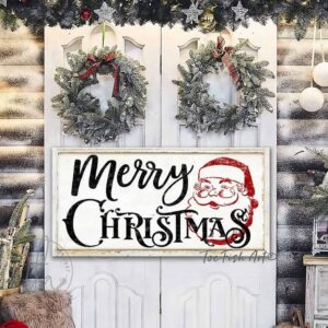 Merry Christmas Sign handmade by ToeFishArt. Original, custom, personalized wall decor signs. Canvas, Wood or Metal. Rustic modern farmhouse, cottagecore, vintage, retro, industrial, Americana, primitive, country, coastal, minimalist.