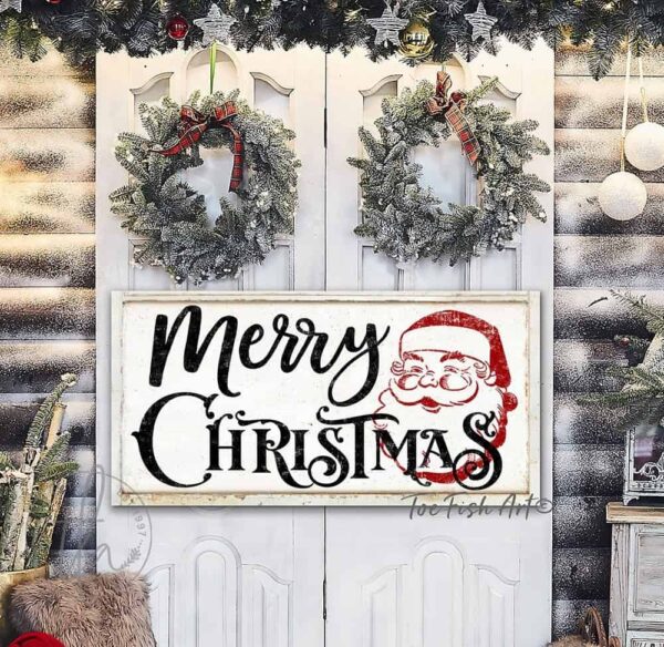 Merry Christmas Sign handmade by ToeFishArt. Original, custom, personalized wall decor signs. Canvas, Wood or Metal. Rustic modern farmhouse, cottagecore, vintage, retro, industrial, Americana, primitive, country, coastal, minimalist.