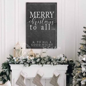 Merry Christmas to All Sign handmade by ToeFishArt. Original, custom, personalized wall decor signs. Canvas, Wood or Metal. Rustic modern farmhouse, cottagecore, vintage, retro, industrial, Americana, primitive, country, coastal, minimalist.