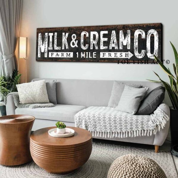 Milk & Cream Co Sign handmade by ToeFishArt. Original, custom, personalized wall decor signs. Canvas, Wood or Metal. Rustic modern farmhouse, cottagecore, vintage, retro, industrial, Americana, primitive, country, coastal, minimalist.