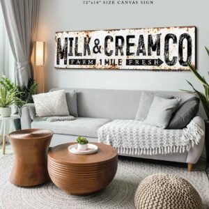 Milk & Cream Co Sign handmade by ToeFishArt. Original, custom, personalized wall decor signs. Canvas, Wood or Metal. Rustic modern farmhouse, cottagecore, vintage, retro, industrial, Americana, primitive, country, coastal, minimalist.