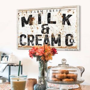 Milk & Cream Co. Sign handmade by ToeFishArt. Original, custom, personalized wall decor signs. Canvas, Wood or Metal. Rustic modern farmhouse, cottagecore, vintage, retro, industrial, Americana, primitive, country, coastal, minimalist.