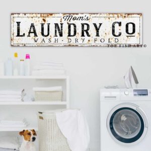 Mom's Personalized Laundry Co. Sign Wash Dry Fold handmade by ToeFishArt. Original, custom, personalized wall decor signs. Canvas, Wood or Metal. Rustic modern farmhouse, cottagecore, vintage, retro, industrial, Americana, primitive, country, coastal, minimalist.