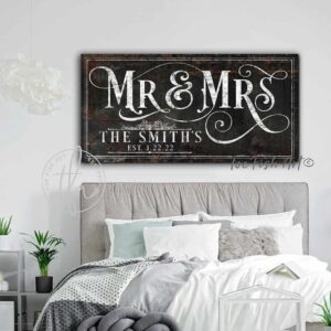 Mr & Mrs Couples Wedding Sign Personalized with your Last or First Names and Date handmade by ToeFishArt. Original, custom, personalized wall decor signs. Canvas, Wood or Metal. Rustic modern farmhouse, cottagecore, vintage, retro, industrial, Americana, primitive, country, coastal, minimalist.