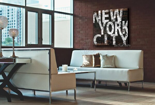 New York City Sign handmade by ToeFishArt. Original, custom, personalized wall decor signs. Canvas, Wood or Metal. Rustic modern farmhouse, cottagecore, vintage, retro, industrial, Americana, primitive, country, coastal, minimalist.