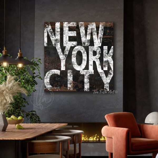 New York City Sign handmade by ToeFishArt. Original, custom, personalized wall decor signs. Canvas, Wood or Metal. Rustic modern farmhouse, cottagecore, vintage, retro, industrial, Americana, primitive, country, coastal, minimalist.