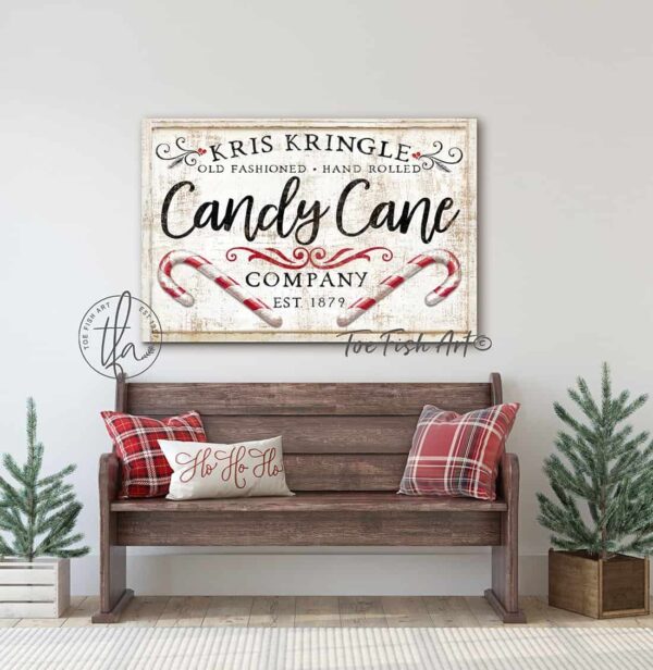 Old Fashioned Candy Cane Co. Sign handmade by ToeFishArt. Original, custom, personalized wall decor signs. Canvas, Wood or Metal. Rustic modern farmhouse, cottagecore, vintage, retro, industrial, Americana, primitive, country, coastal, minimalist.