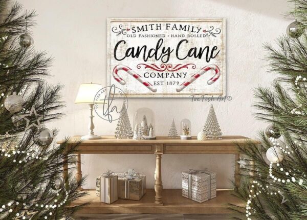 Old Fashioned Candy Cane Co. Sign handmade by ToeFishArt. Original, custom, personalized wall decor signs. Canvas, Wood or Metal. Rustic modern farmhouse, cottagecore, vintage, retro, industrial, Americana, primitive, country, coastal, minimalist.