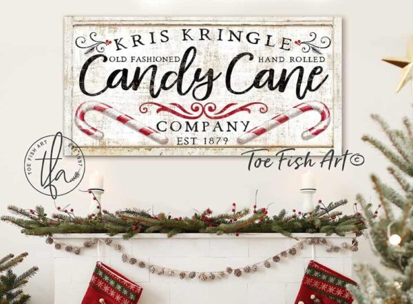 Old Fashioned Candy Cane Company Sign handmade by ToeFishArt. Original, custom, personalized wall decor signs. Canvas, Wood or Metal. Rustic modern farmhouse, cottagecore, vintage, retro, industrial, Americana, primitive, country, coastal, minimalist.