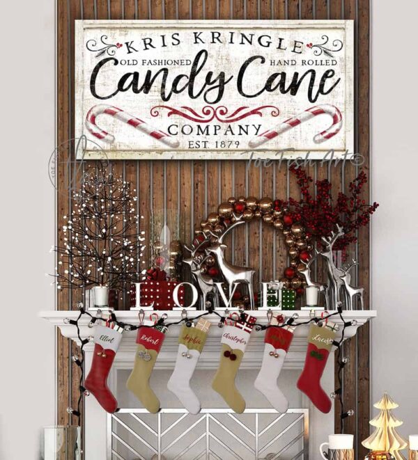 Old Fashioned Candy Cane Company Sign handmade by ToeFishArt. Original, custom, personalized wall decor signs. Canvas, Wood or Metal. Rustic modern farmhouse, cottagecore, vintage, retro, industrial, Americana, primitive, country, coastal, minimalist.