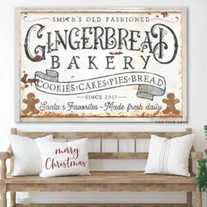 Old Fashioned Gingerbread Bakery Sign handmade by ToeFishArt. Original, custom, personalized wall decor signs. Canvas, Wood or Metal. Rustic modern farmhouse, cottagecore, vintage, retro, industrial, Americana, primitive, country, coastal, minimalist.