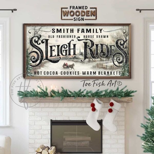 Old Fashioned Horse Drawn Sleigh Rides Sign handmade by ToeFishArt. Original, custom, personalized wall decor signs. Canvas, Wood or Metal. Rustic modern farmhouse, cottagecore, vintage, retro, industrial, Americana, primitive, country, coastal, minimalist.