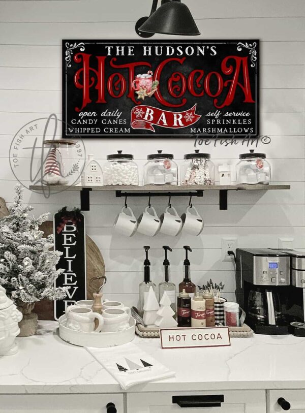 Old Fashioned Hot Cocoa Bar Sign handmade by ToeFishArt. Original, custom, personalized wall decor signs. Canvas, Wood or Metal. Rustic modern farmhouse, cottagecore, vintage, retro, industrial, Americana, primitive, country, coastal, minimalist.