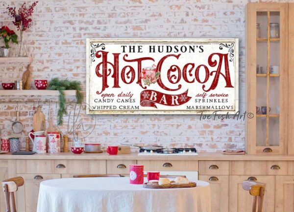 Old Fashioned Hot Cocoa Bar Sign handmade by ToeFishArt. Original, custom, personalized wall decor signs. Canvas, Wood or Metal. Rustic modern farmhouse, cottagecore, vintage, retro, industrial, Americana, primitive, country, coastal, minimalist.