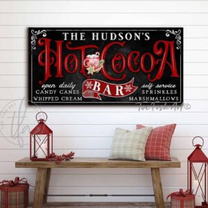 Old Fashioned Hot Cocoa Bar Sign handmade by ToeFishArt. Original, custom, personalized wall decor signs. Canvas, Wood or Metal. Rustic modern farmhouse, cottagecore, vintage, retro, industrial, Americana, primitive, country, coastal, minimalist.