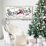 Old Fashioned Sleigh Rides Sign handmade by ToeFishArt. Original, custom, personalized wall decor signs. Canvas, Wood or Metal. Rustic modern farmhouse, cottagecore, vintage, retro, industrial, Americana, primitive, country, coastal, minimalist.