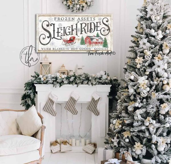 Old Fashioned Sleigh Rides Sign handmade by ToeFishArt. Original, custom, personalized wall decor signs. Canvas, Wood or Metal. Rustic modern farmhouse, cottagecore, vintage, retro, industrial, Americana, primitive, country, coastal, minimalist.