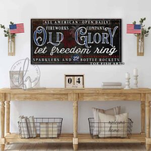 Old Glory Fireworks Company Sign handmade by ToeFishArt. Original, custom, personalized wall decor signs. Canvas, Wood or Metal. Rustic modern farmhouse, cottagecore, vintage, retro, industrial, Americana, primitive, country, coastal, minimalist.