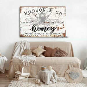 Organic All Natural Honey Sign handmade by ToeFishArt. Original, custom, personalized wall decor signs. Canvas, Wood or Metal. Rustic modern farmhouse, cottagecore, vintage, retro, industrial, Americana, primitive, country, coastal, minimalist.