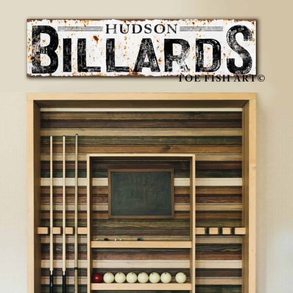 Personalized Billiards Sign handmade by ToeFishArt. Original, custom, personalized wall decor signs. Canvas, Wood or Metal. Rustic modern farmhouse, cottagecore, vintage, retro, industrial, Americana, primitive, country, coastal, minimalist.